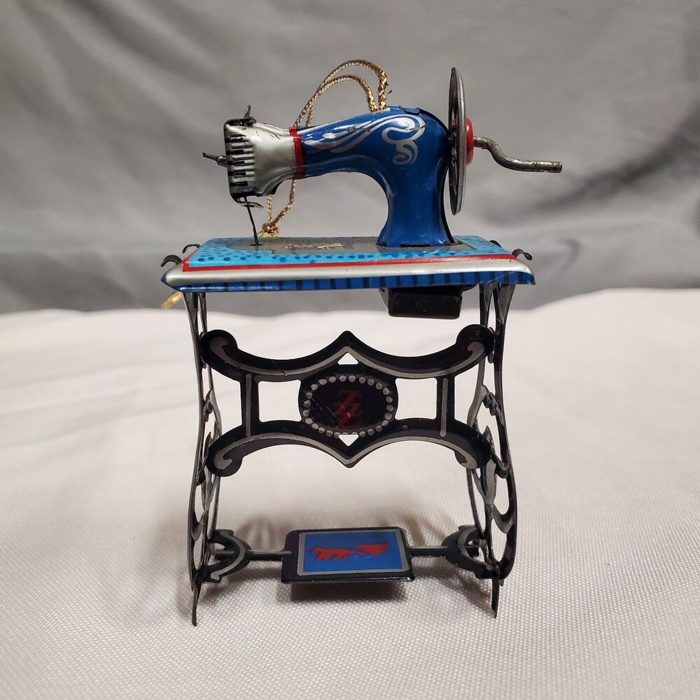 Tin Toy Sewing Machine Tree Hanger Ornament ZZ Germany 1980s Dollhouse Vtg